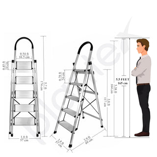 Plantex Surestep 5 Step Aluminum Ladder for Home Use/Wide Anti Skid Step Foldable Ladder with Knee Guard, PVC Shoes and Cross Bars (Anodize-Silver)
