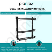 Plantex Self Adhesive Stainless Steel Shelf/Bathroom Organiser Without Drill/Shelf for Bathroom with Soap Dish/Toothbrush Holder/3 Tier Multipurpose Rack with Hooks (Black)