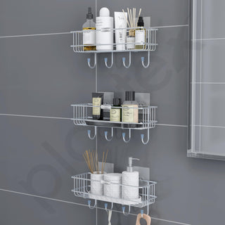 Plantex Stainless Steel Self Adhesive Shelf/Multipurpose Bathroom Shelf with Hooks/Towel Holder/Rack/Bathroom Accessories Set/Bathroom Organiser Without Drill - Pack of 3 (Chrome)