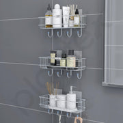 Plantex Stainless Steel Self Adhesive Shelf/Multipurpose Bathroom Shelf with Hooks/Towel Holder/Rack/Bathroom Accessories Set/Bathroom Organiser Without Drill - Pack of 3 (Chrome)