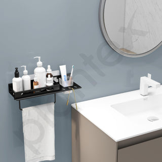 Plantex No Drill Bathroom Organizer/3in1 Stainless Steel Shelf for Wall with Foldable Napkin Holder and Tumbler Holder/Self Adhesive Bathroom Shelf -(Black-15 Inch)