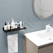 Plantex No Drill Bathroom Organizer/3in1 Stainless Steel Shelf for Wall with Foldable Napkin Holder and Tumbler Holder/Self Adhesive Bathroom Shelf -(Black-15 Inch)