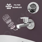 Plantex Long Body Bib Cock for Bathroom with Water Saving Aerator and Brass Spindle/Wall Mount Bib Tap with Wall Flange and Teflon Tape for Bathroom(Kromo-Chrome)