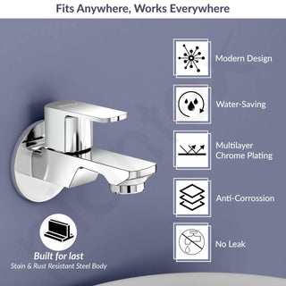 Plantex Single Lever Water Tap for Bathroom with Water-Saving Aerator/Wall Mount Bib Cock with Wall Flange and Teflon Tape/Brass Spindle Bib Tap for Home (Saga-1291-Chrome)