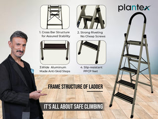 Plantex Guardex 5 Step Foldable Aluminum Ladder for Home/Ladder with Anti-Slip Shoes and Edge Guards/5 Year Manufacturer Warranty (Anodize Coated-Gold)