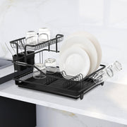Plantex 2 Tier Dish Rack with Drainer Tray/Black Dish Drying Rack/GI Steel Utensil Stand with Drainer Tray, Plate & Bowl Holder, Glass Organizer for Kitchen