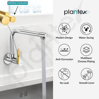 Plantex Pure Brass Sink Tap for Kitchen with Wall Flange & Teflon Tape/Wall Mount Kitchen Sink Faucet (DOL-4301, Chrome)