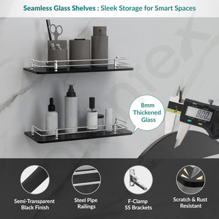Plantex Wall Mount Glass Shelf for Bathroom/Shelves for Kitchen/Black Glass Shelf, Polished (12x6 Inches - Pack of 2)