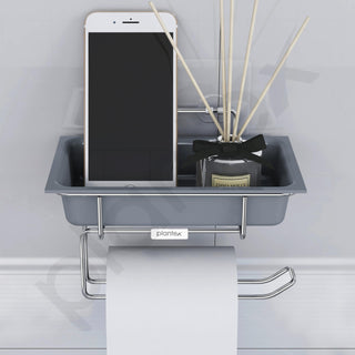 Plantex Stainless Steel with ABS Plastic Self Adhesive Toilet Paper Roll Holder/Tissue Paper Roll Holder with Mobile Stand for Bathroom Accessories – (Chrome)