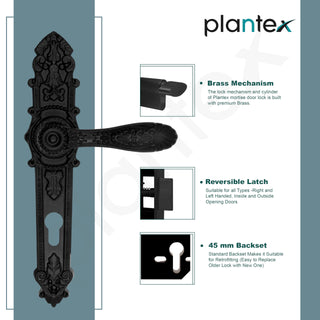 Plantex Heavy-Duty Door Lock Set for Main Door/Locks Handle Set with 3 Years of Warranty/Mortise Lock with 3 Keys, Brass Lock-Body & Cylinder(658- Black)