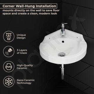 Plantex White Corner Wash Basin/Wall Mount Basin for Bathroom/Ceramic Tabletop Basin with 10 Years Glaze Warranty by Plantex/Small Corner Sink (Breva, 14.5 x 14.5 x 5 Inch)