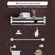 Plantex High Grade Stainless Steel Folding Towel Rack with Stainless Steel 304 Grade Squaro Bathroom Accessories Set 5pcs (Towel Rod/Napkin Ring/Tumbler Holder/Soap Dish/Robe Hook)