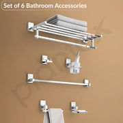 Plantex High Grade Stainless Steel Folding Towel Rack with Stainless Steel 304 Grade Darcy Bathroom Accessories Set 5pcs (Towel Rod/Napkin Ring/Tumbler Holder/Soap Dish/Robe Hook)