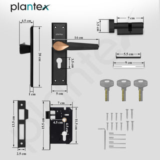 Plantex Heavy-Duty Door Lock Set - Main Door Lock Handle Set/6-Lever Lock Mechanism Mortise Lock with 3 Keys, Brass Lock Body & Cylinder (PTP-07, Black & Rose Gold)
