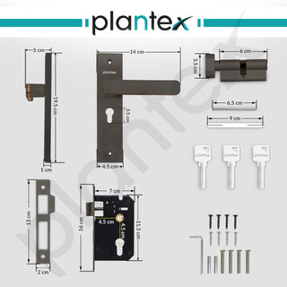 Plantex Heavy-Duty Main Door Mortise Lock Handle Set with 3 Keys, Brass Lock Body & Cylinder (8125 - Grey & PVD Choco)