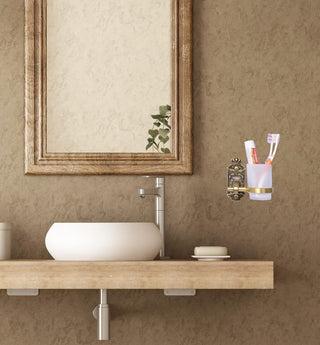 Plantex Antique Aluminium Tumbler Holder/Matt Glass Tooth Brush Stand/Bathroom Accessories (Brass-Antique Finish)