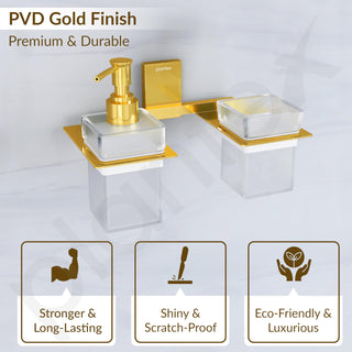 Plantex 304 Grade Stainless Steel Glass Liquid Dispenser with Tumbler Holder/Toothbrush Holder/Shampoo Dispenser for Washbasin/Kitchen/Bathroom Accessories - Pack of 1 (Crystal, PVD Gold)