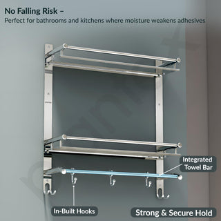 Plantex Stainless Steel Bathroom Organizer/Multipurpose 3 Tier Bathroom Shelf with Towel Hanger and Hooks/Shelf for Washroom