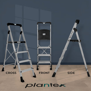 Plantex Thor Aluminium Step Folding Ladder 4 Step for Home with Advanced Locking System - Anti Slip 4 Step Ladder (Silver & Black)