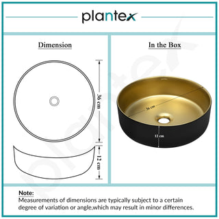 Plantex Table Top Wash Basin for Bathroom/Designer Ceramic Basin/Round Countertop Vessel Sink Basin for Home/Office/Hotel (Black & Gold - 14 x 14 x 5 Inch)