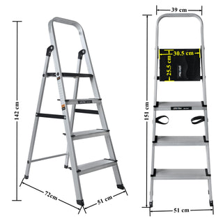 Plantex Big Foot 4 Step Ladder for Home/Fully Aluminium Folding Ladder/Wide Anti-Skid Steps (Black-Silver)