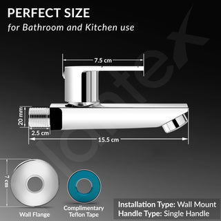 Plantex Pure Brass Bib Cock for Bathroom/Long Body Taps/Wall Mount Tap for Wash Basin with Teflon Tape & Wall Flange - Pack of 1 (Chrome, 3225)