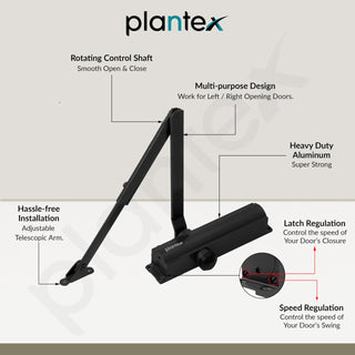 Plantex Heavy Duty Automatic Door Closer for Wooden Doors - 55kg Adjustable for Home/Office/Hotel - Black (ISO 9001 Certified)