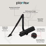 Plantex Heavy Duty Automatic Door Closer for Wooden Doors - 55kg Adjustable for Home/Office/Hotel - Black (ISO 9001 Certified)
