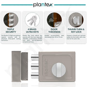 Plantex Heavy Duty Tri Bolt Lock with Key & Knob for Main Door/Suitable on Single Door for Home,Office,Hotel - Pack of 1 (Matt)
