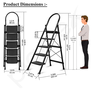 Plantex Hercules Pro 5-Step Foldable Ladder for Home with 200 kg Load Capacity/Heavy-Duty GI Steel Ladder/Anti-Slip Wide Step/Strong, Stable & Multi-Purpose (Black)
