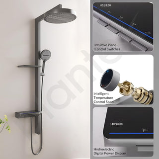 Plantex Haven Shower Panel for Bathroom with Piano Switches & Temperature Display/Rainfall Showerhead with Waterfall Outlet/Hand Shower with Hose Pipe & Clamp - (6013-GA)