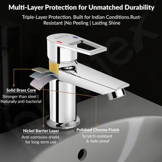 Plantex Single Lever Basin Mixer Tap/Pure Brass Pillar Tap for Wash Basin/Hot and Cold Water Tap for Basin/Short Body Water Tap - Pack of 1 (Chrome, 3226)