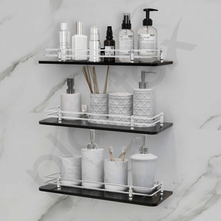 Plantex Wall Mount Glass Shelf for Bathroom/Shelves for Kitchen/Black Glass Shelf, Polished (15x6 Inches - Pack of 3)