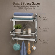Plantex Folding Bathroom Shelf for Wall/304 Grade Stainless Steel Shelf for Bathroom with Hooks and Towel Rod/Rack/Premium Multipurpose Organizer (3-Tier, Chrome)