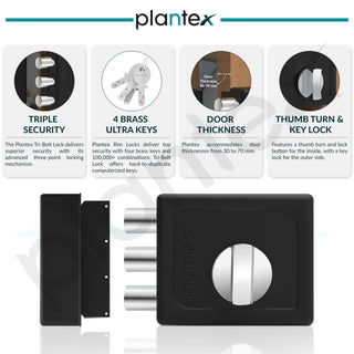 Plantex Heavy Duty Tri Bolt Lock with Key & Knob for Main Door/Suitable on Single Door for Home,Office,Hotel - Pack of 1 (Z-Black)
