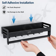 Plantex Aluminium Multipurpose Bathroom Shelf with Towel Rod and Movable Hooks/Rack Shelf for Bathroom/Kitchen Shelf Organizer (Black)
