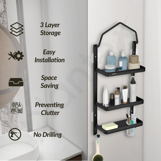 Plantex Shower Rack/Self Adhesive Shower Caddy for Bathroom Hanging/3 Layer Shower Shelf for Bathroom with Soap Dish Holder,Toothbrush Holder (1520, Black)