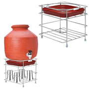 Plantex Matka Freestanding Stand/Stainless Steel 2-Tier Matka Stands For Kitchen/Round Pot Tiered Shelf Stand For Kitchen Utensils With Tray - (1185, Chrome)
