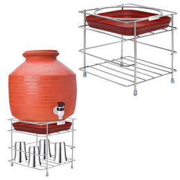 Plantex Stainless Steel 2-Tier Matka Stand for Water Pot/Water Pot Stand for Kitchen/Square Matka Stand with Tray - (1185, Chrome)