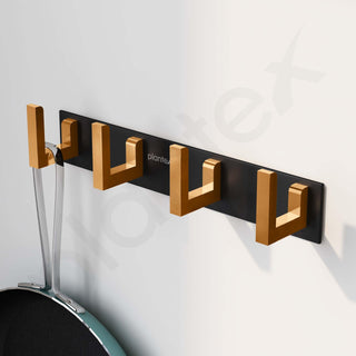 Plantex Aluminum Hook Rail with L-Shape Hook for Clothes Hanging/Hook Rail Bar for Clothes/Towel/Keys (4 Hooks/Black & Gold)-Pack of 2
