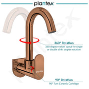 Plantex Pure Brass Kitchen Sink Tap with 360° Swivel Spout/Kitchen Tap with Water Saving Nozzle for Sink Tap - 7 Year-Warranty (ORN-210, Rose Gold)