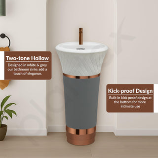 Plantex Acrylic Resin & Quartz Pedestal Basin for Bathroom/Designer One Piece Pedestal Free Standing Round Wash Basin for living Room/Hotel (White & Grey)