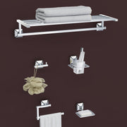 Plantex 304 Grade Stainless Steel Bathroom Accessories Set of 5 - Towel Stand/Napking Ring/Soap Holder/Toothbrush Stand/Robe Hanger - Squaro (Chrome)