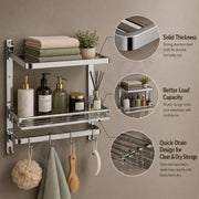 Plantex Folding Bathroom Shelf for Wall/304 Grade Stainless Steel Shelf for Bathroom with Hooks and Towel Rod/Rack/Premium Multipurpose Organizer (3-Tier, Chrome)