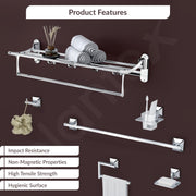 Plantex High Grade Stainless Steel Folding Towel Rack with Stainless Steel 304 Grade Squaro Bathroom Accessories Set 5pcs (Towel Rod/Napkin Ring/Tumbler Holder/Soap Dish/Robe Hook)