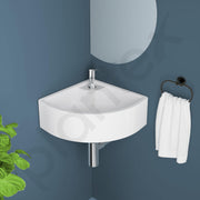 Plantex Ceramic Basin with Stainless Steel Pillar Cock/Wall Hung Basin/Deck Mount Tap/Corner Basin for Bathroom - (Cornia - Combo)