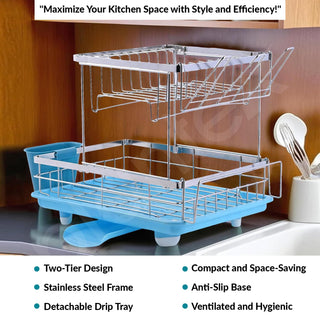 Plantex Kitchen Dish Rack Drainer/Stainless Steel 2-Tier Dish Drainer Rack with Removable Drain Board/Drying Rack with Drainer - 20 x 14 x 15 Inch (Chrome)