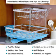 Plantex Kitchen Dish Rack Drainer/Stainless Steel 2-Tier Dish Drainer Rack with Removable Drain Board/Drying Rack with Drainer - 20 x 14 x 15 Inch (Chrome)