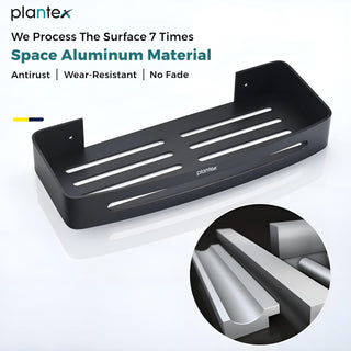 Plantex Bathroom Accessories Items/Space Aluminium Bathroom Shelf with Removable Hooks/Wall Mounted Shelf for Bathroom/Kitchen/Living Room - 12x5 inches, Black (Pack of 2)