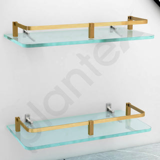 Plantex Glass Shelf for Bathroom/Kitchen Wall Shelf/Living Room Wall Organizer with Antique Brass Finish Railings and Brackets (Frosted - 12x6 Inches - Pack of 2)